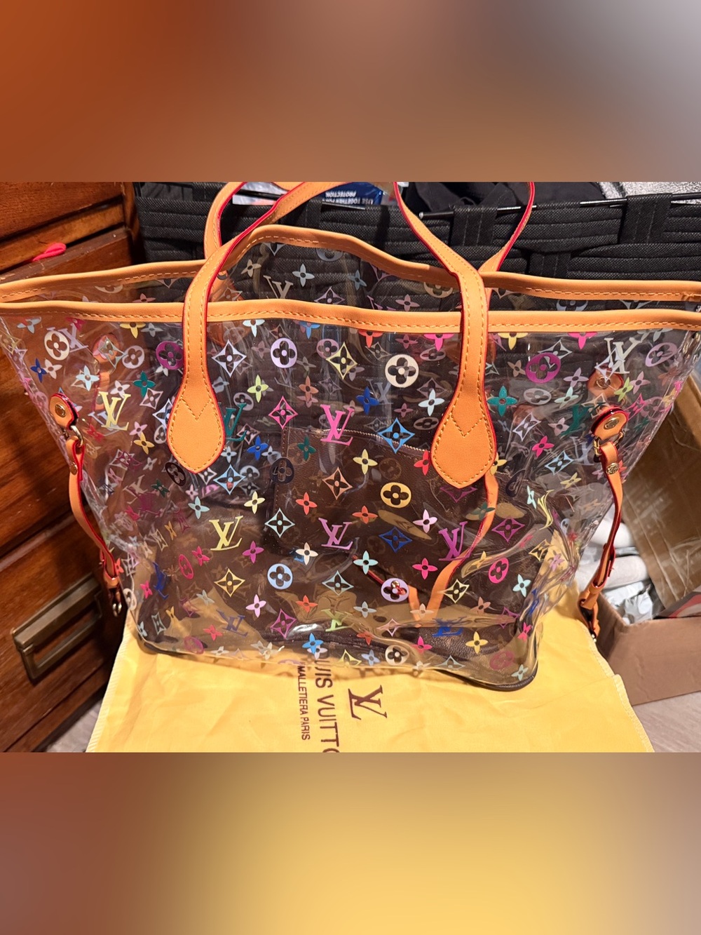 Clear Multicolor Monogram Tote with Orange/Tan Trim